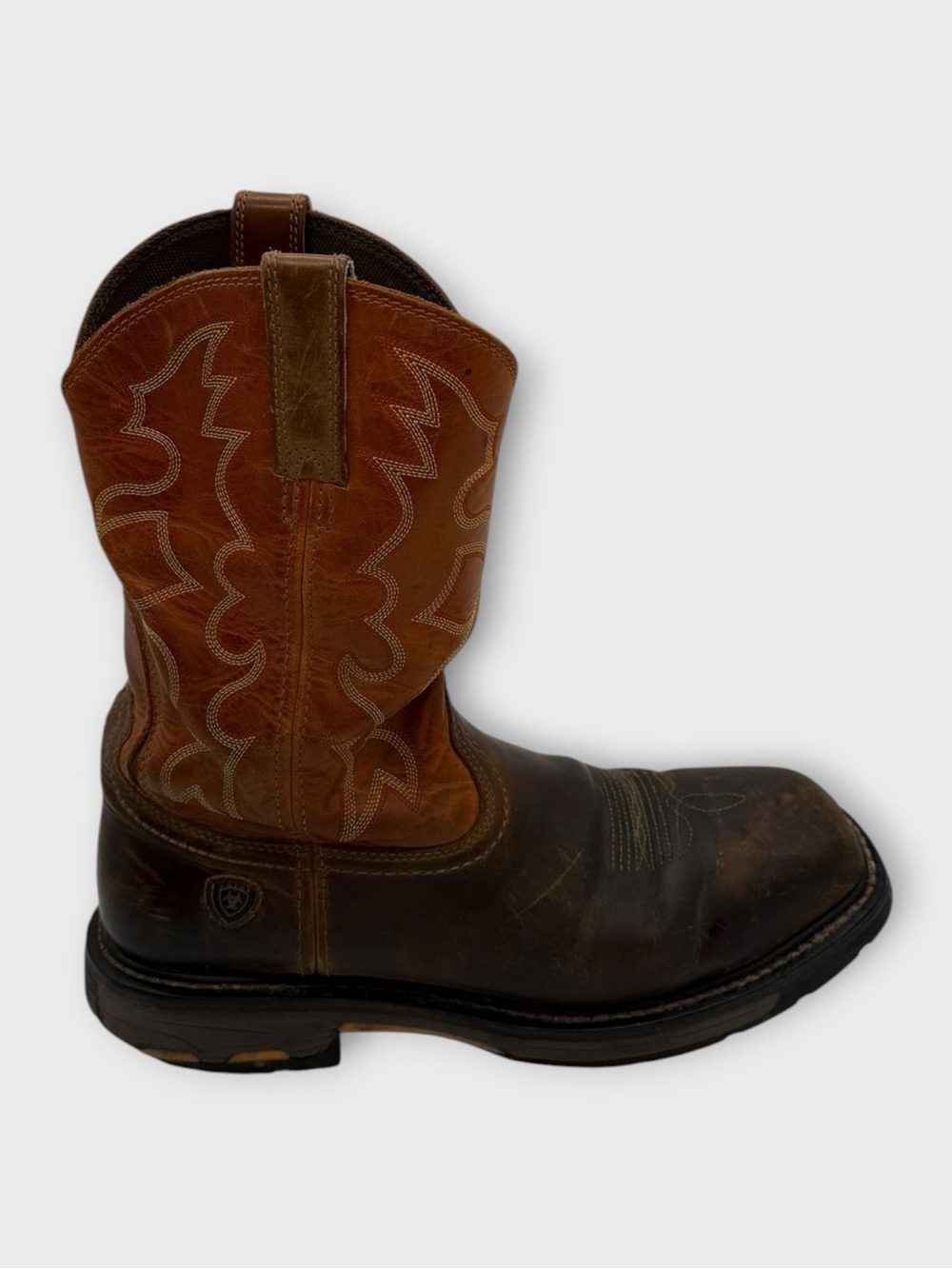 Ariat Brown Workhog Two-Tone Leather Cowboy Boot Steel Toe 10.5 Fair Condition
